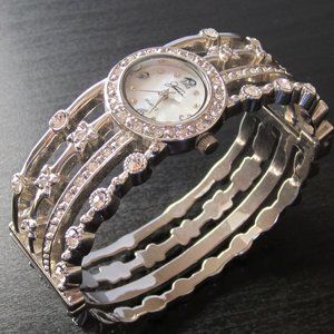 Fancy Bangle Watch Hinged Bracelet with MOP dial and Rhinestones